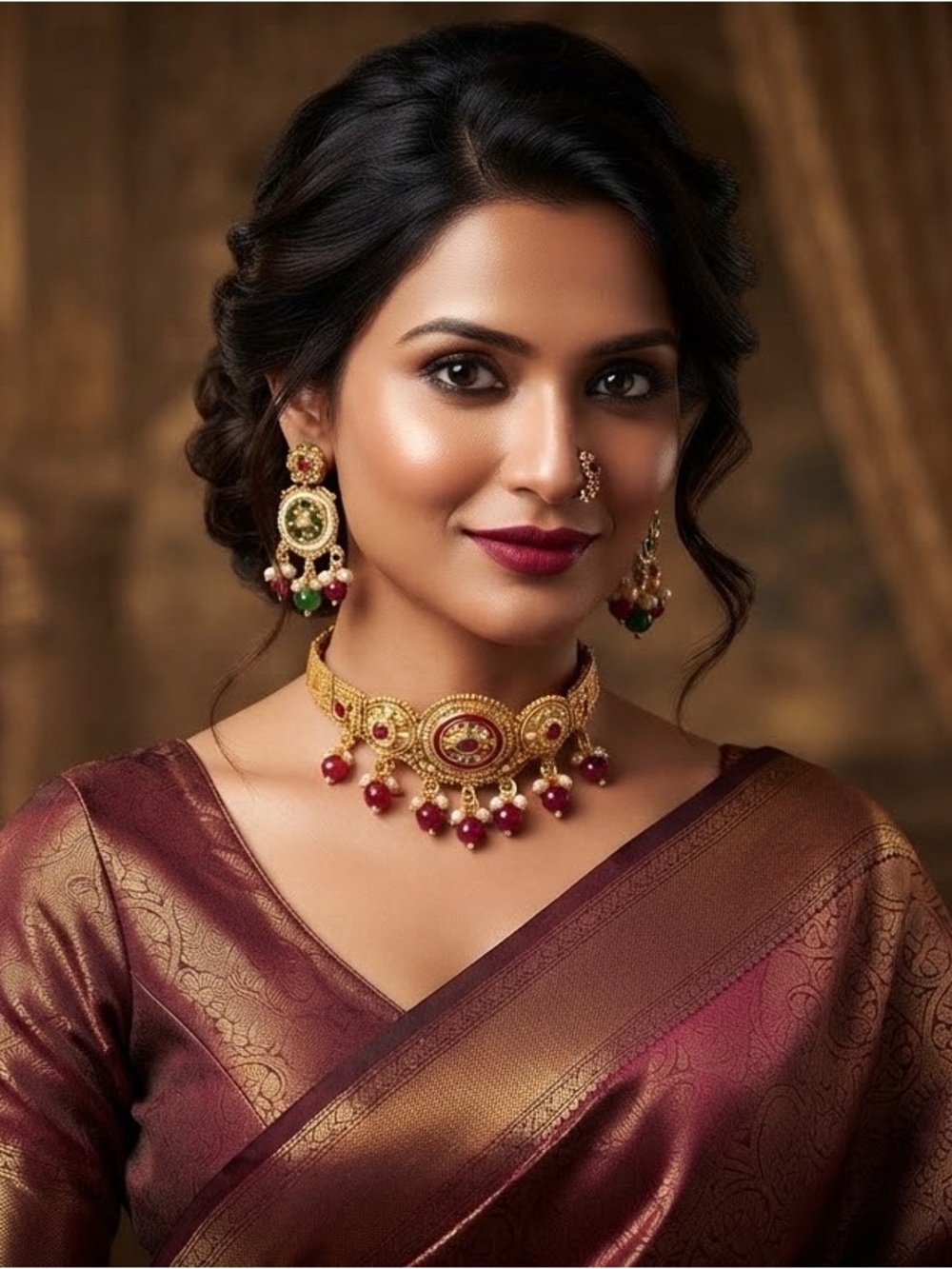 Gold-Tone Red & Green Bead Kundan-Style Choker Necklace with Matching Earrings